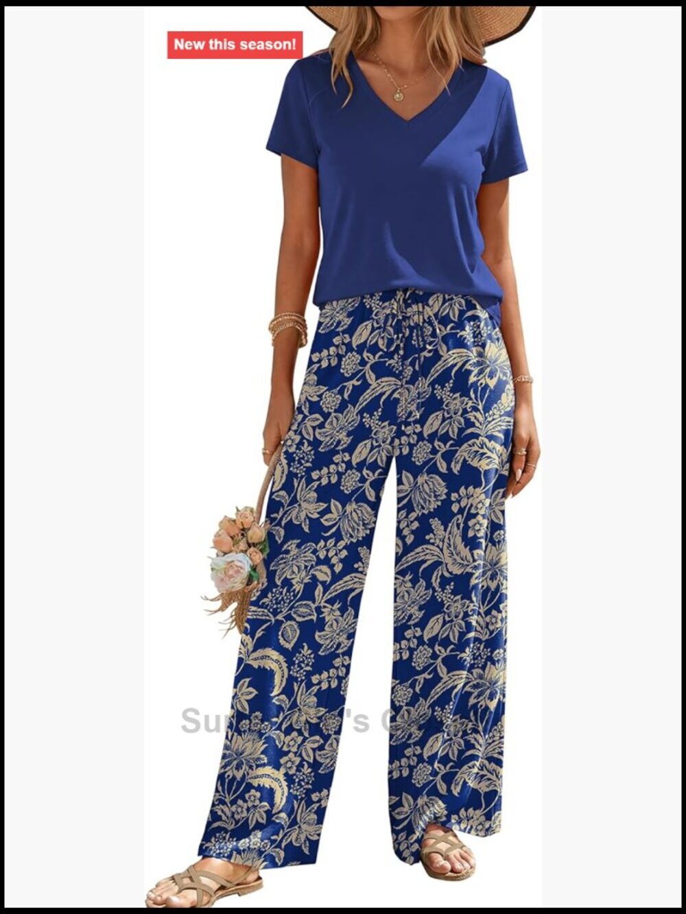 2 Piece Summer Lounge Set - V Neck Top & Wide Leg Pants - Travel Beach Cruise